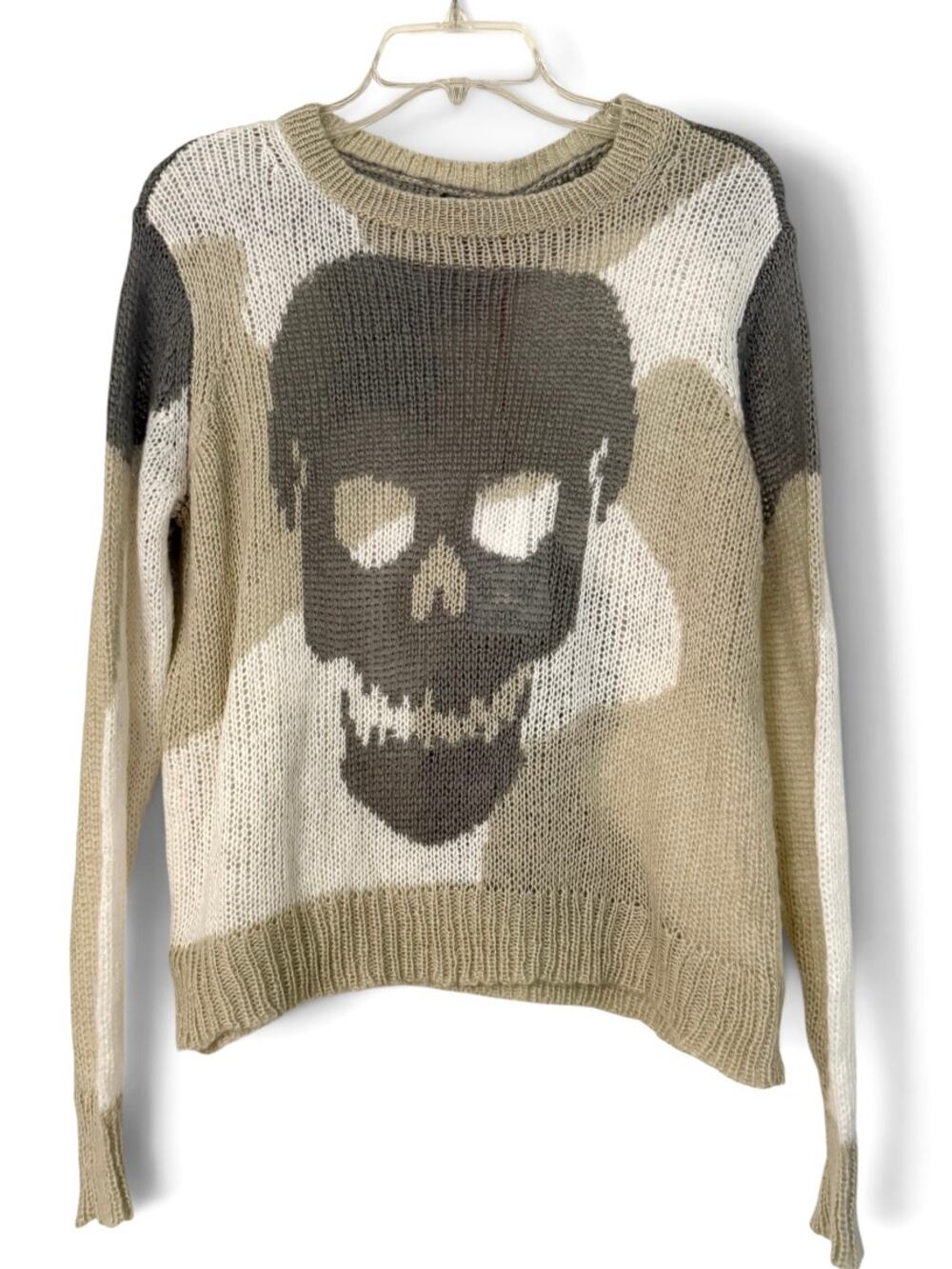 Wooden Ships Reverse Camo Skull Crew Lightweight Sweater Cement S/M NWT